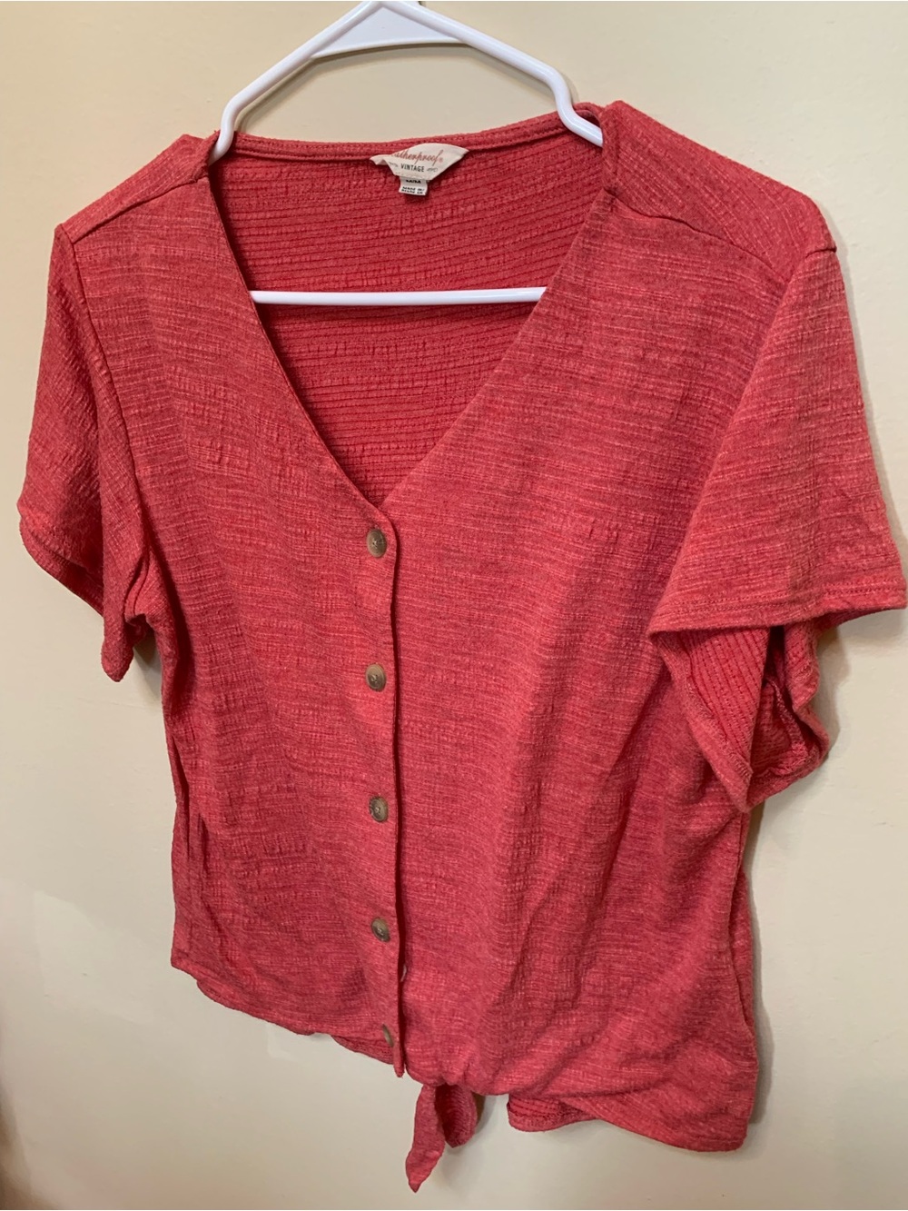 Weatherproof Coral-Red Button Front Tie-Hem V-Neck Top